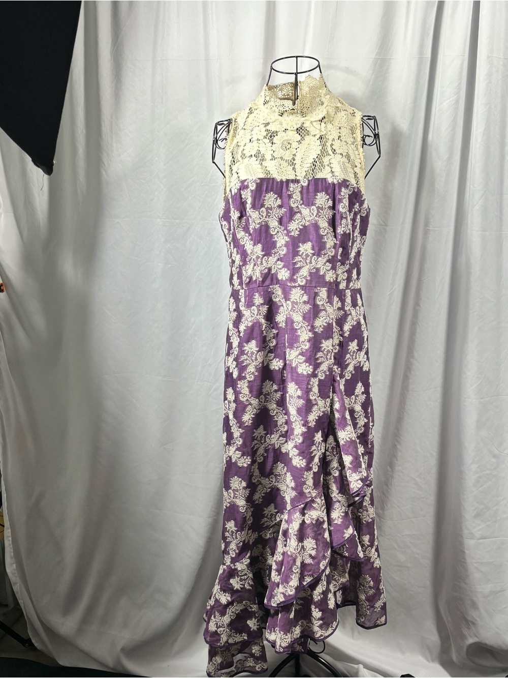 Nanette Lepore Purple Floral Maxi Dress with Cream Lace Yoke